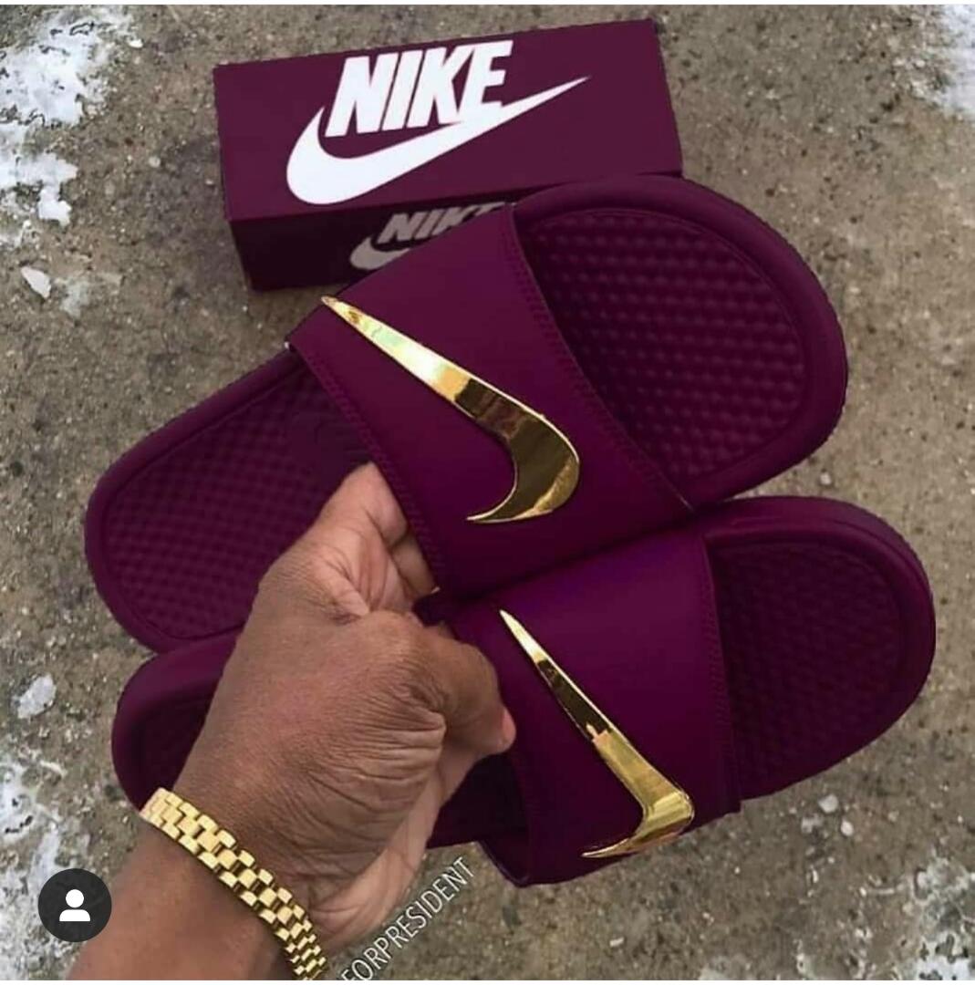 nike slides burgundy with gold